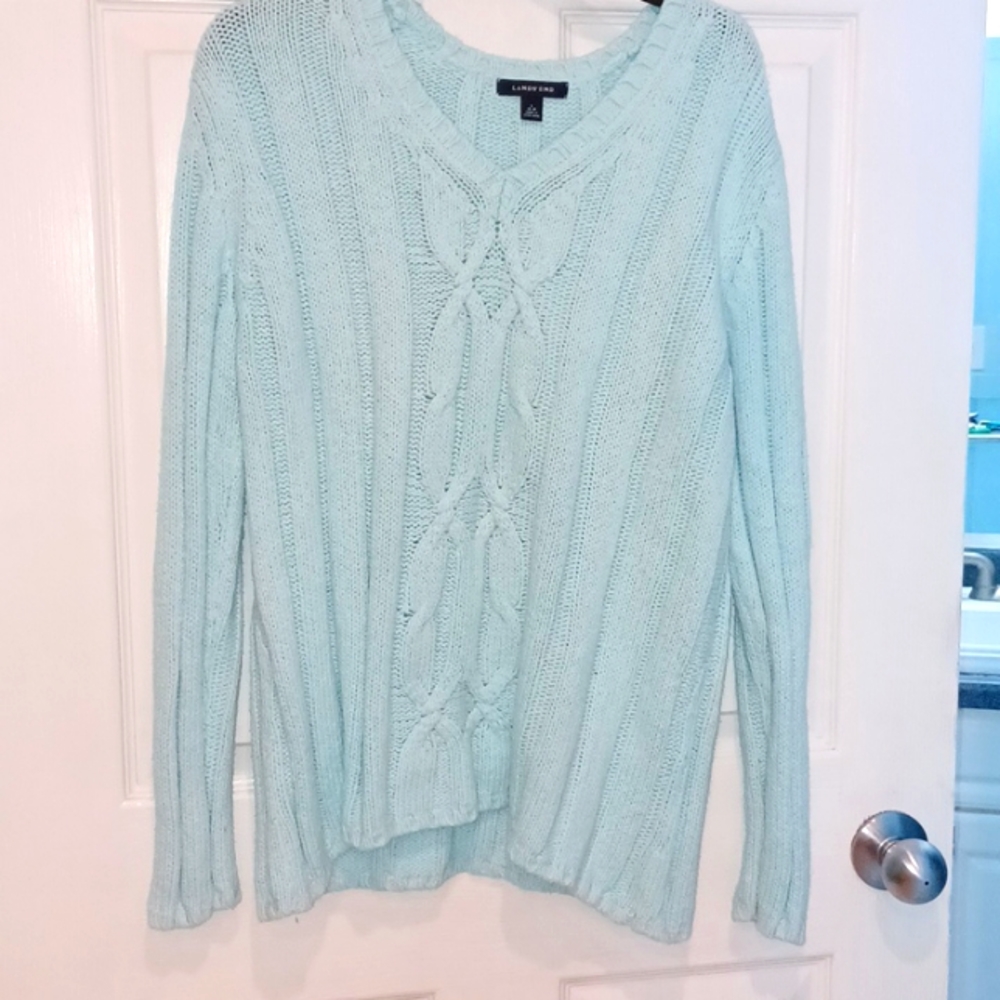 Lands' End Powder Blue 100%Cotton cable front sweater NWOT